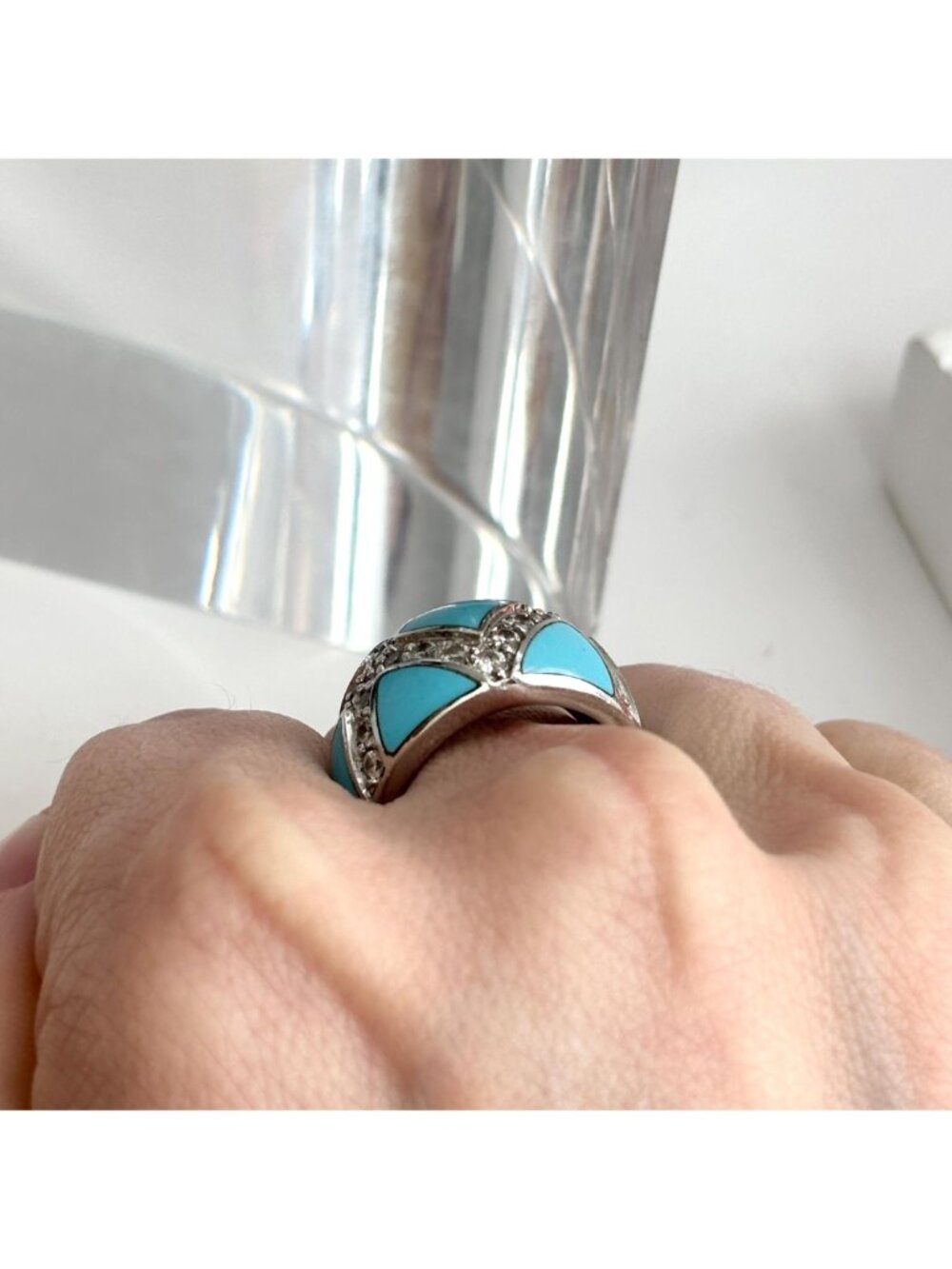 Sleeping Beauty Turquoise Geometric Sterling Silver 925 Vintage Ring - sz 7.75 - Picture 12 of 14